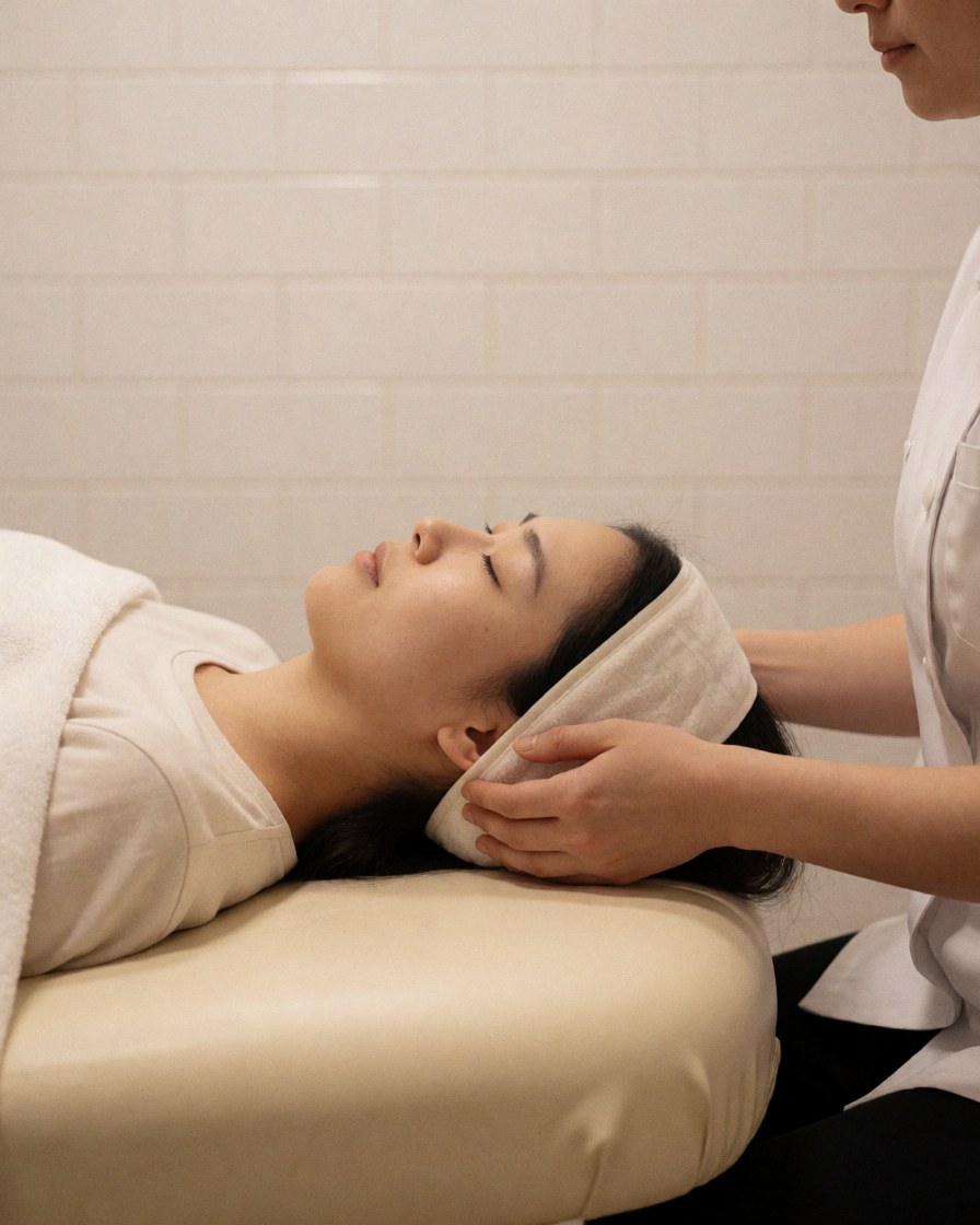Therapist applying cold compress to client lying on treatment bed with white tiled walls in relaxing professional environment