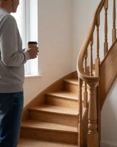 A satisfied client holding a coffee cup while looking at a newly installed curved wooden staircase in a bright room with white walls and natural light.