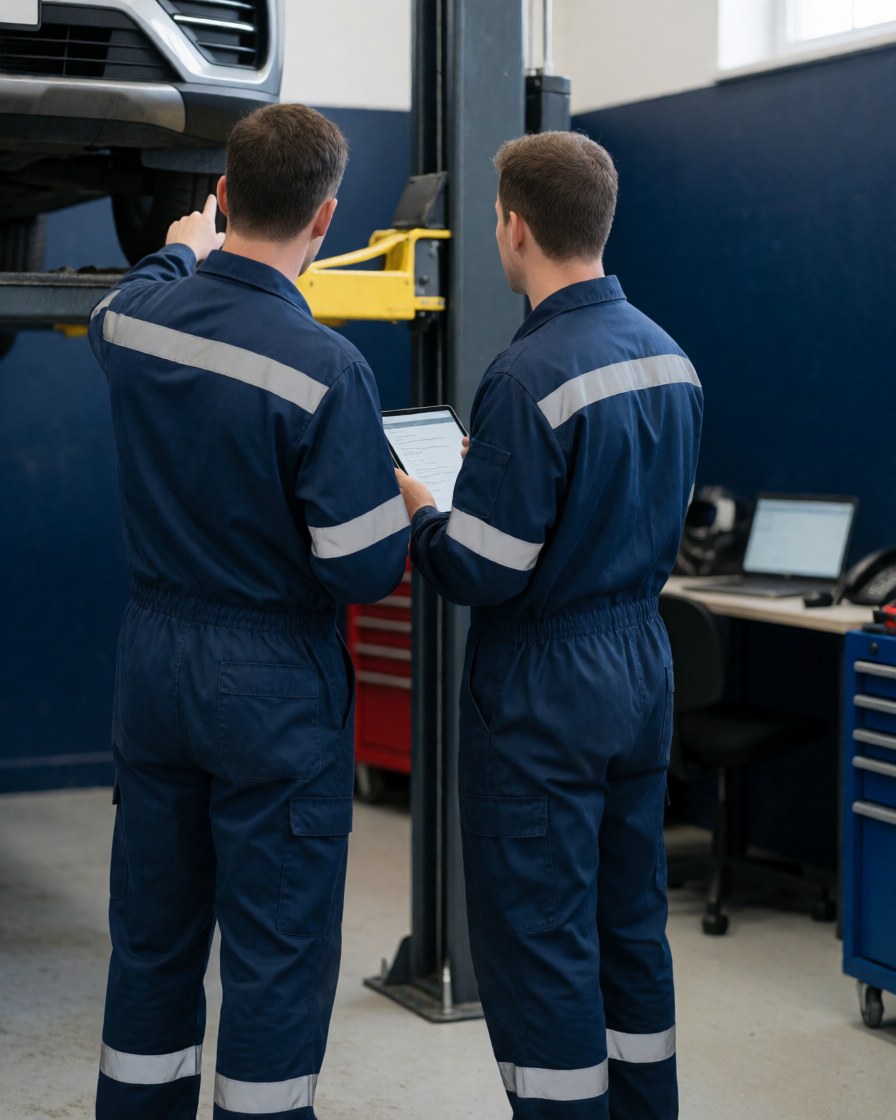 Two mechanics in reflective uniforms check a car on a lift using a tablet in an auto repair shop