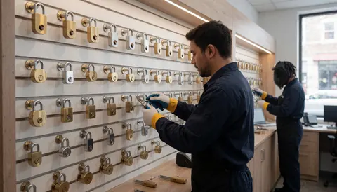 Locksmith adjusting a lock on a display wall with multiple shiny metal locks in a modern locksmith shop.