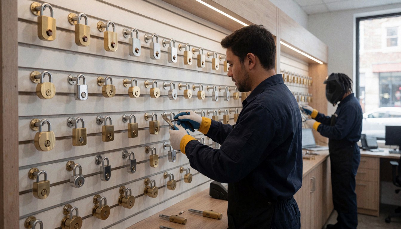 Locksmith adjusting a lock on a display wall with multiple shiny metal locks in a modern locksmith shop.