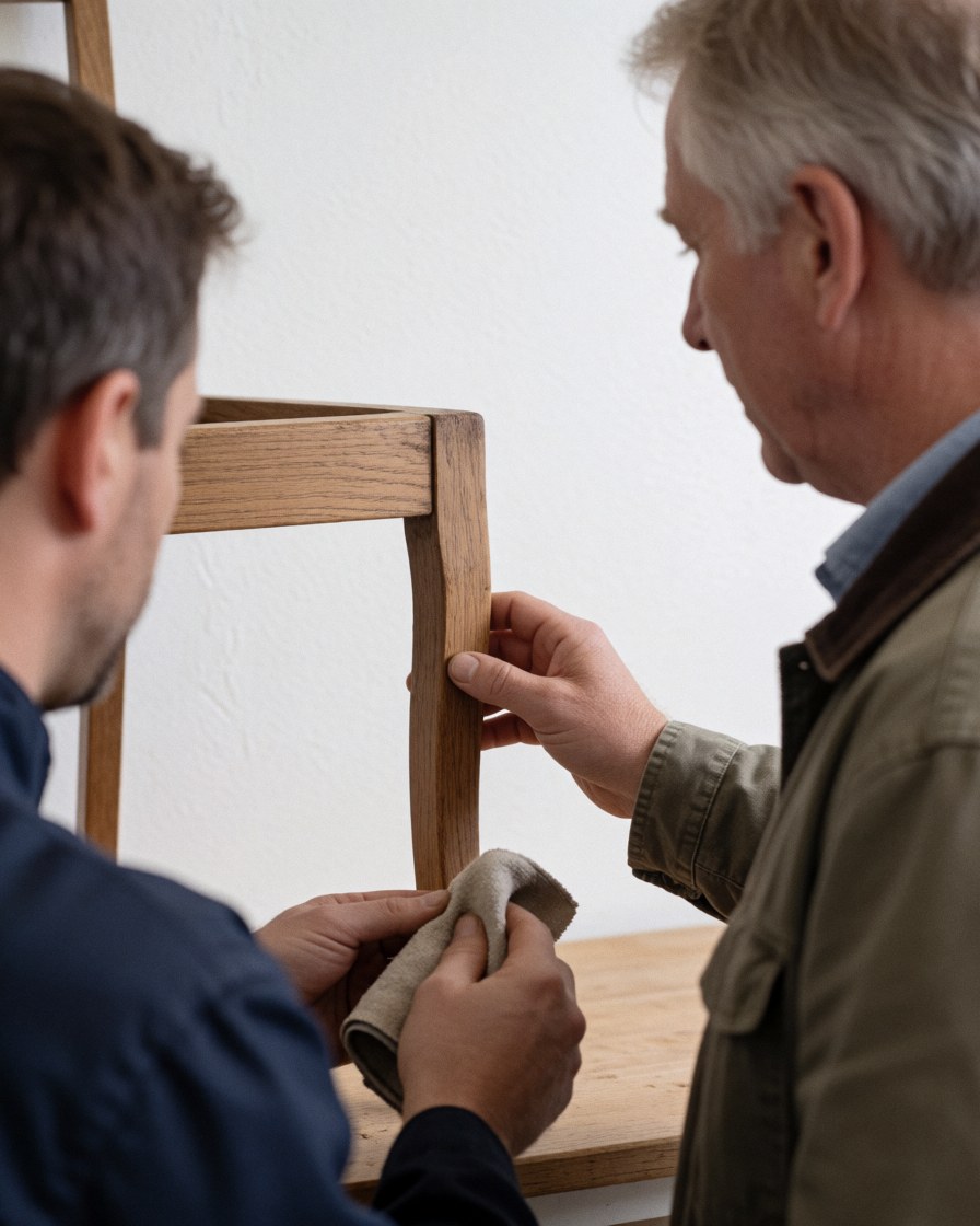 A client examines a restored wooden chair while a carpenter polishes it with a cloth in a clean workshop with a white wall.