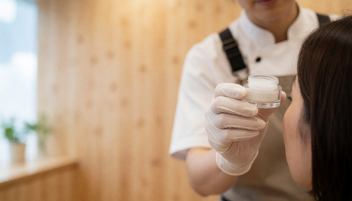 Lash technician in white glove holds gel jar near client's eye in beauty studio with light wood wall and warm lighting