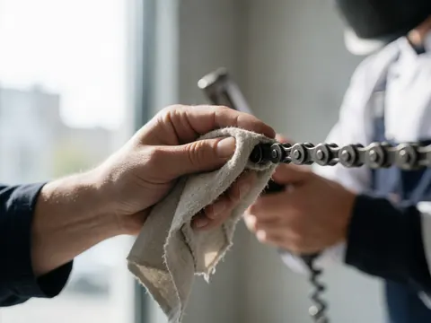 Close-up of a hand using a cloth to clean a bicycle chain in a workshop with a concrete wall background and natural light