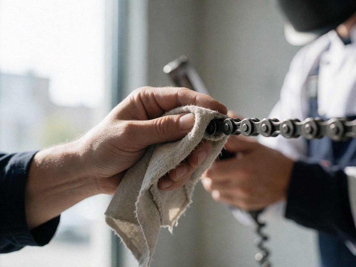 Close-up of a hand using a cloth to clean a bicycle chain in a workshop with a concrete wall background and natural light