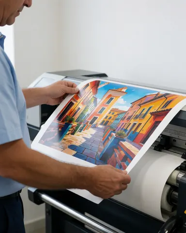A satisfied client reviews a colorful large format print emerging from a printer in a clean white workshop.