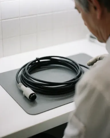 Close-up of a black virtual reality cable with a white connector resting on a gray mat, with a blurred background of a white tiled wall.