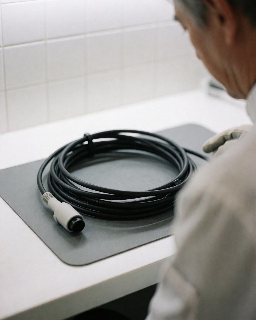 Close-up of a black virtual reality cable with a white connector resting on a gray mat, with a blurred background of a white tiled wall.