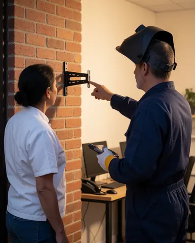 A technician in a welding helmet demonstrates an antenna mount on a brick wall to a watching client.