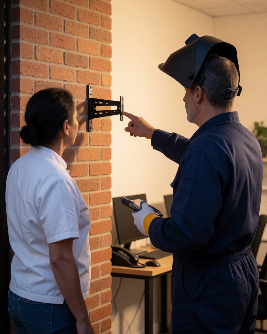 A technician in a welding helmet demonstrates an antenna mount on a brick wall to a watching client.