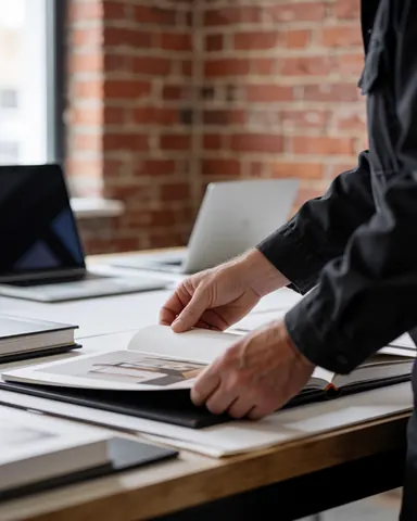 Hands wrinkling a photo album page on a desk with a brick wall and laptops
