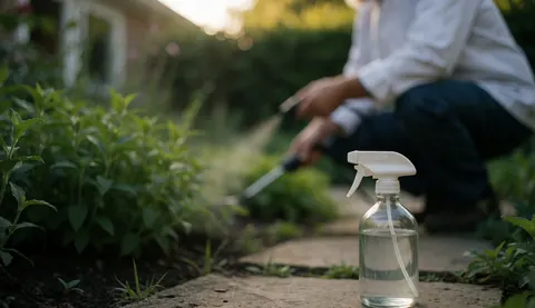 Bottle of organic insecticide placed in a garden with green plants and a person working in the background