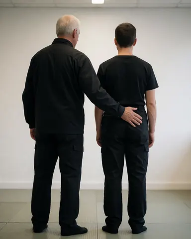 A boxing instructor adjusts a student's stance with a hand on the hip in a gym with white walls and tatami flooring.