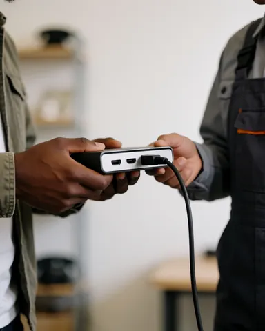 A satisfied client tests a repaired gaming console in a workshop with warm lighting while a technician in work attire assists.