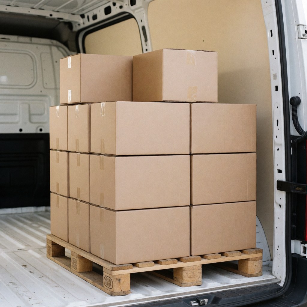 Stacked cardboard boxes on a wooden pallet inside the cargo area of a white van ready for transport