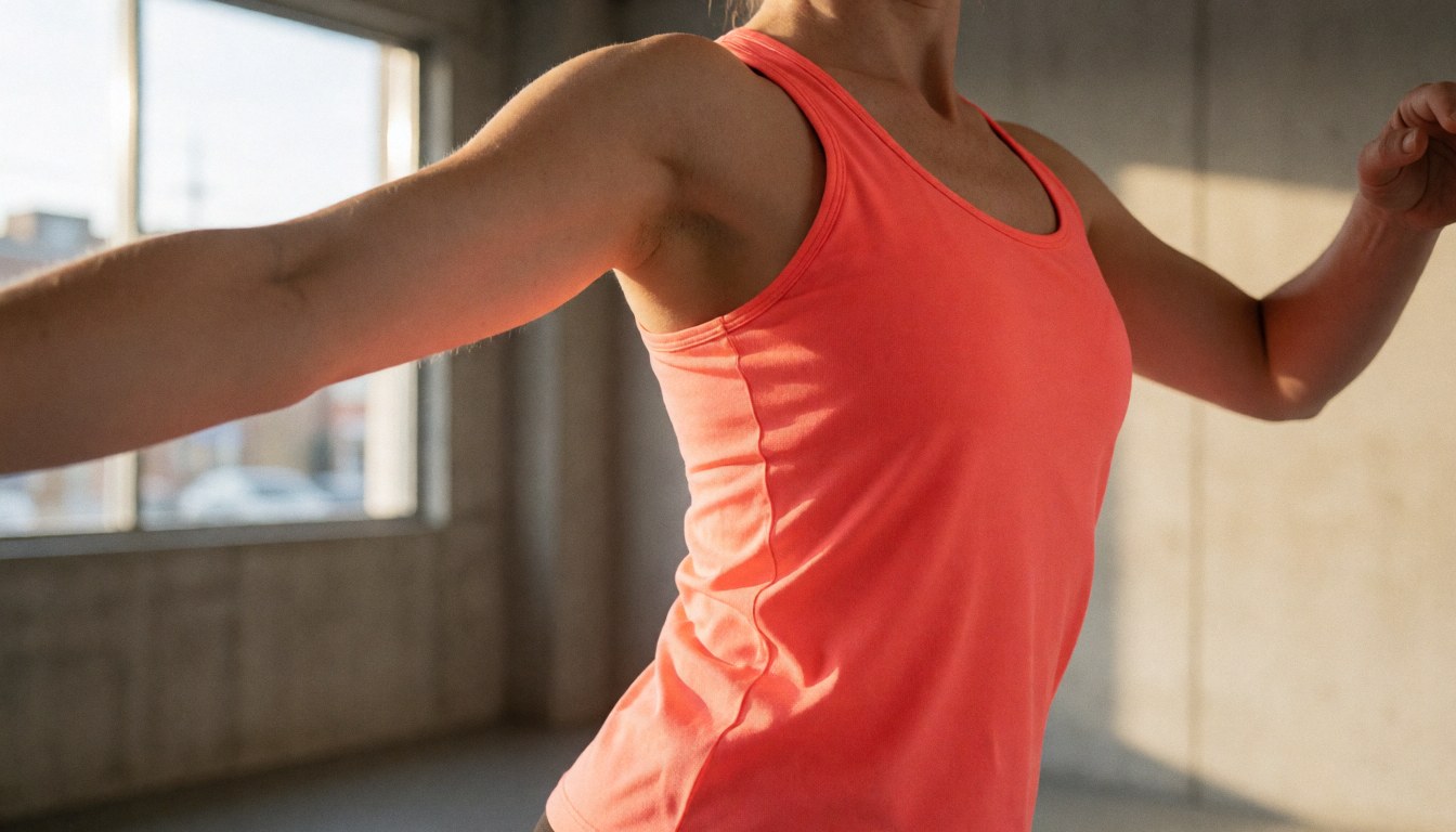 A woman in motion wearing a coral top inside a dance studio with concrete walls and natural light