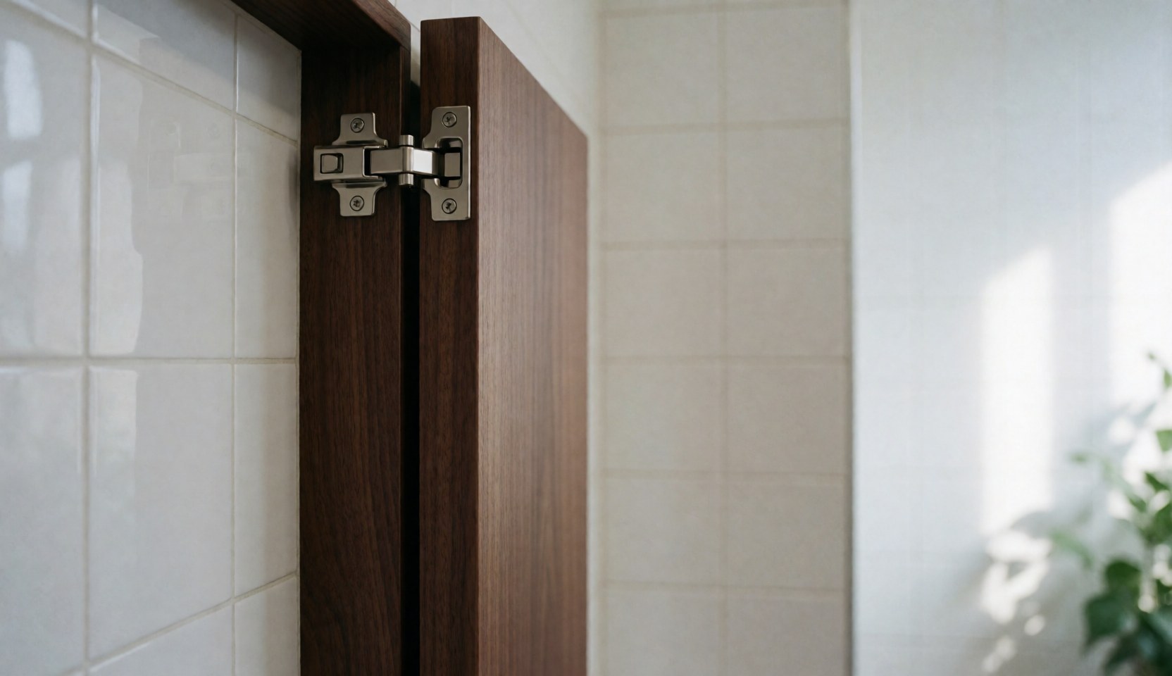 Close-up of a dark wood cabinet door with a metal hinge closing gently in a tiled bathroom setting