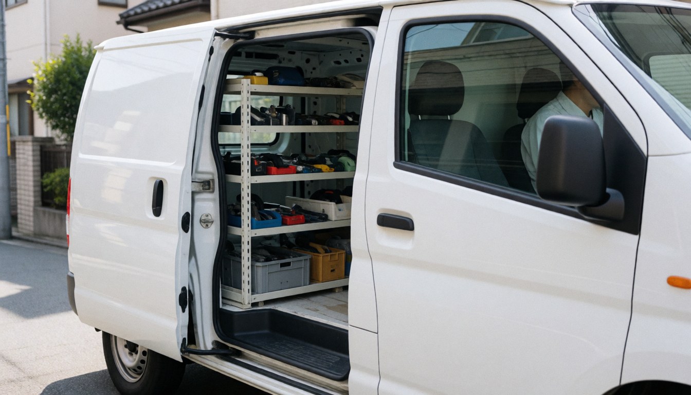 White work van parked on a residential street with organized tool racks visible, ready for appliance repair service