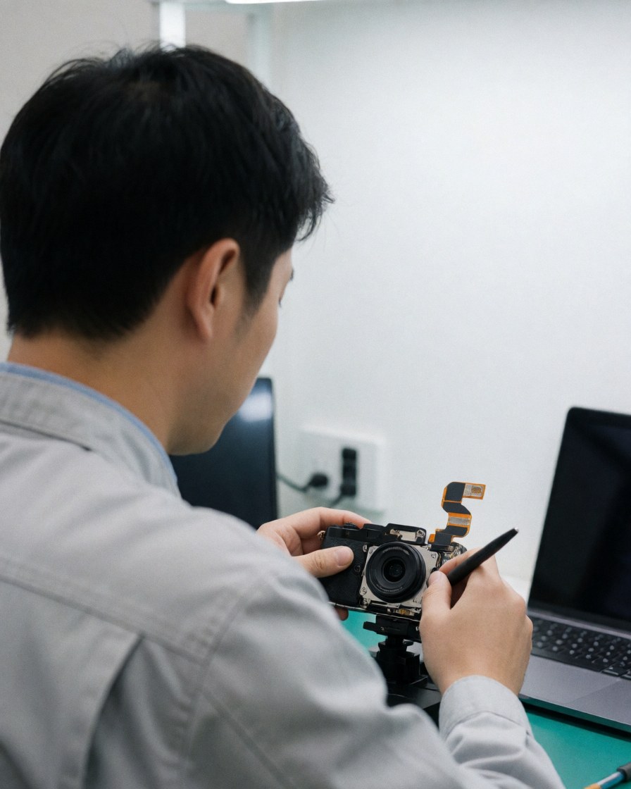 Technician repairing camera module with flex cable connected in a clean professional workshop ideal for mobile phone repair services