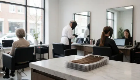 Hair extension patches displayed on a salon counter with a professional working at a mirror station under natural light