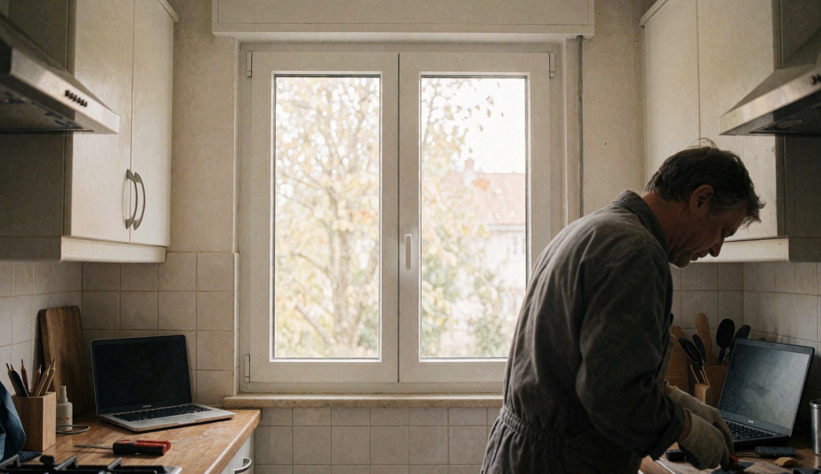 A man installs a white window in a kitchen with white cabinets and natural light, showing tools and the finished work.