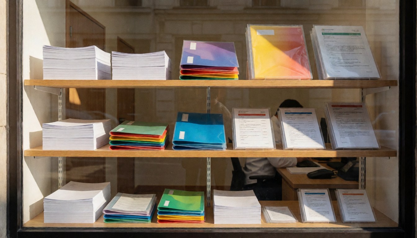 Business storefront window displaying wooden shelves, A4 papers, and plastic folders with natural light illuminating the interior workspace