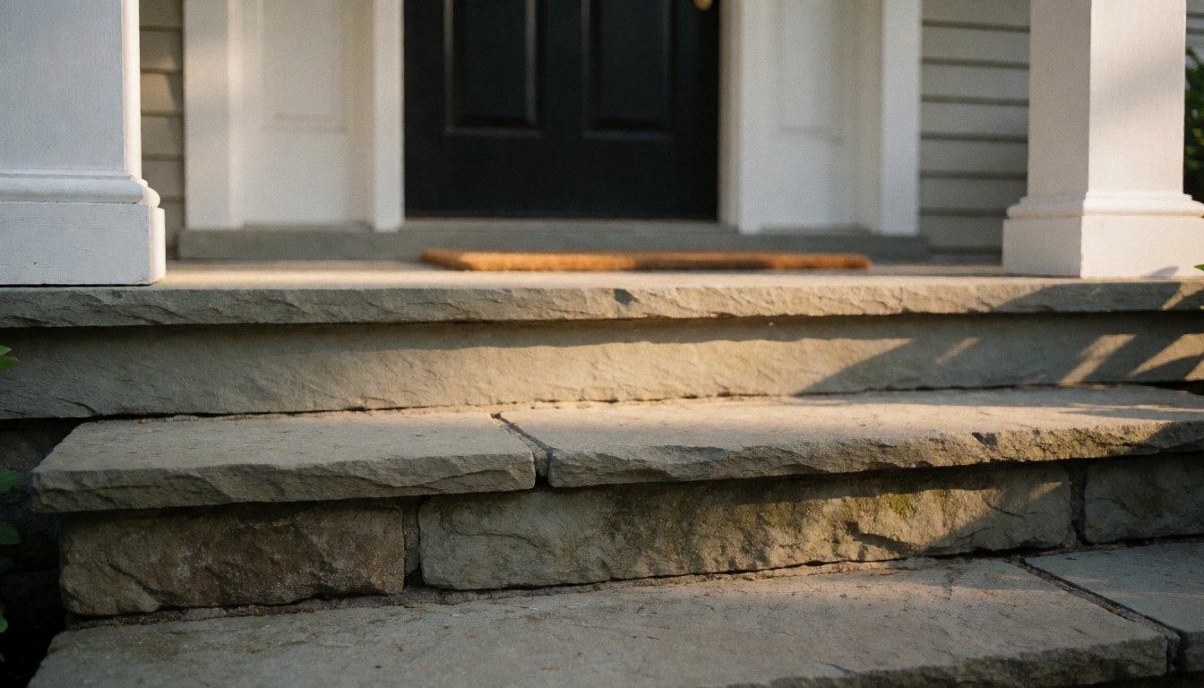 A stone staircase illuminated by golden light leading to a black door at the background, suitable as a text background for business websites.