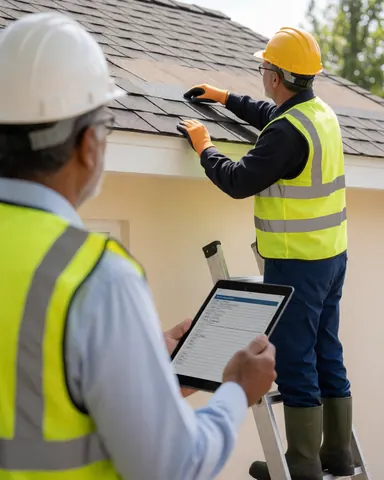 Roofer on roof checking with tablet while another worker in safety vest and helmet watches from ladder