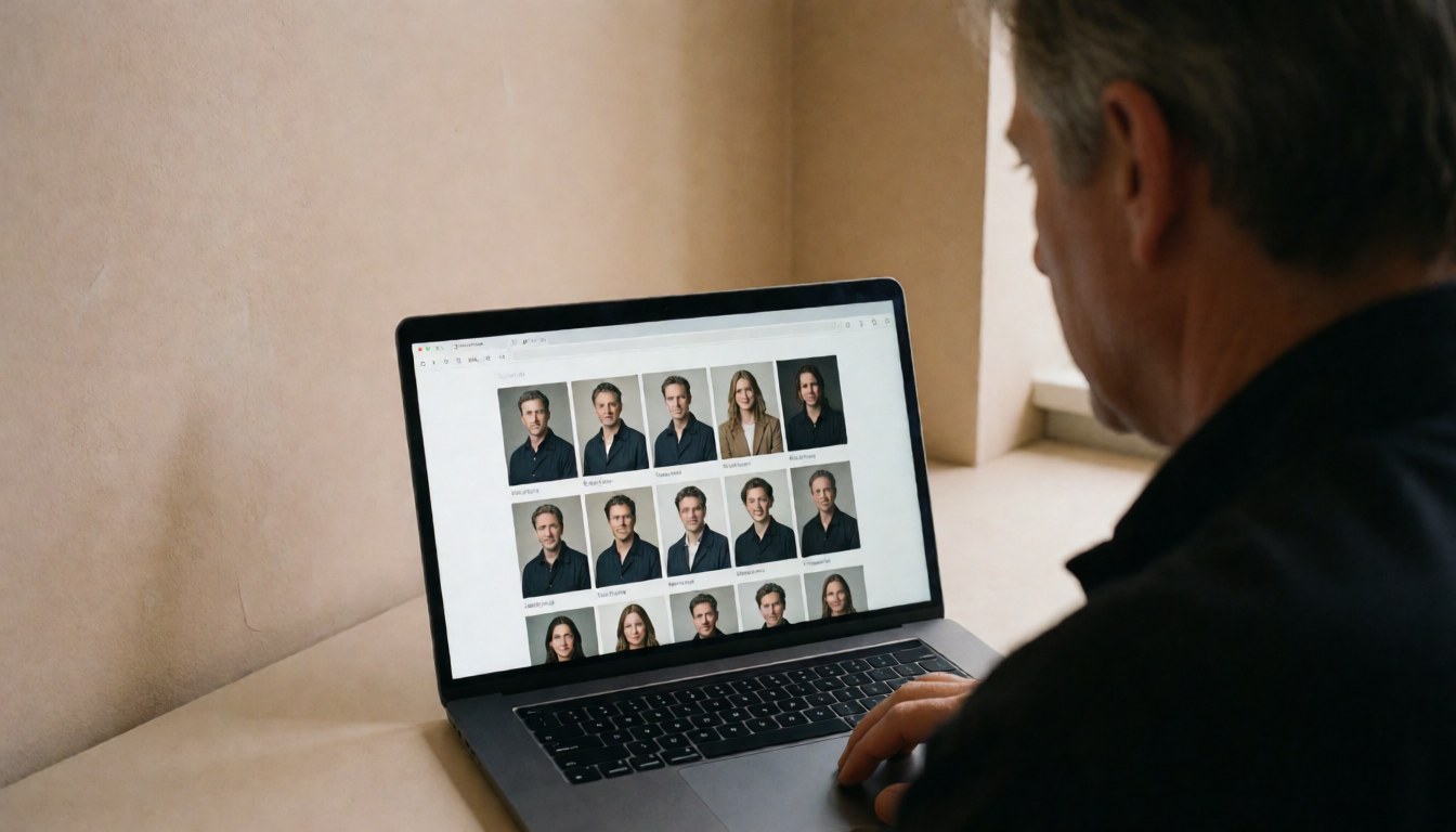 Portrait photographer reviewing photo gallery on laptop in beige studio