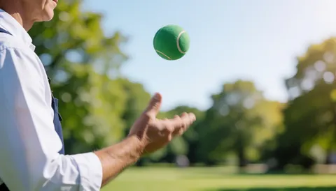 Close-up of a hand tossing a green tennis ball outdoors in a sunny park setting, suitable for tennis instruction services