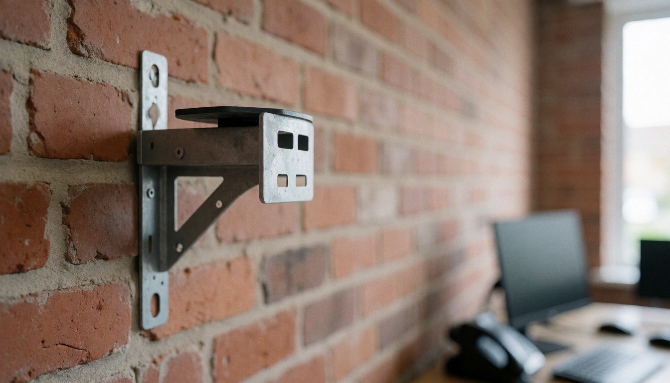 Close-up of a metal siren bracket installed on a textured brick wall with a blurred background suitable for text overlay