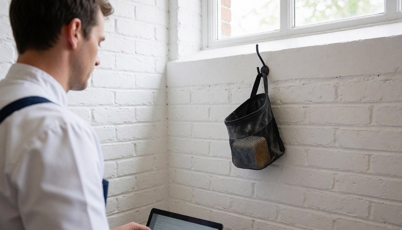 A man wearing a work vest looks at a tablet in a climbing gym with a white brick wall and chalk bag hanging nearby