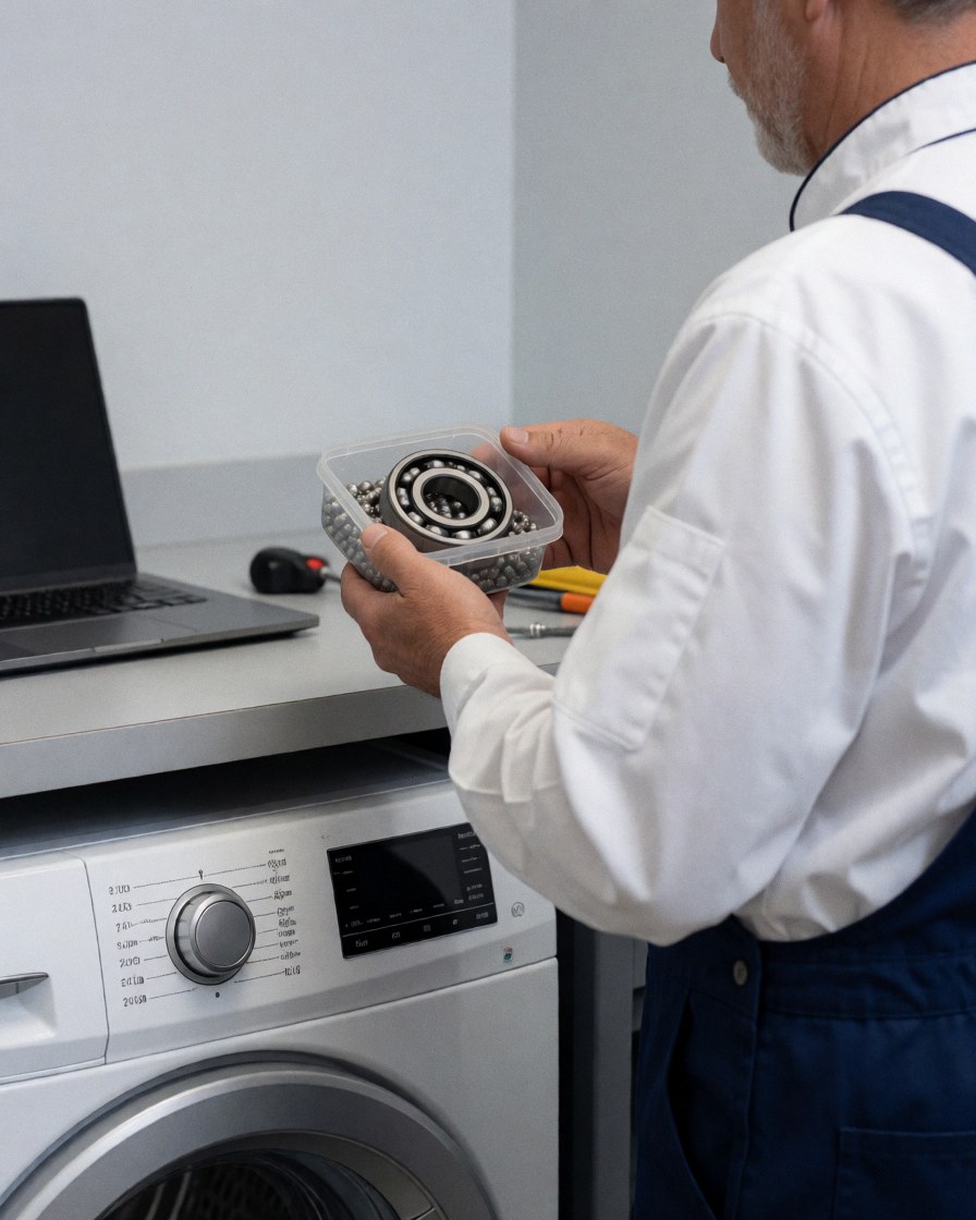 Technician checking dryer bearings with tools and computer in workshop
