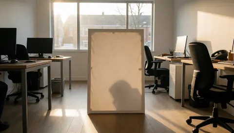 Blank white canvas in a modern art studio illuminated by warm sunset light through a window, suitable for a bark course website hero image