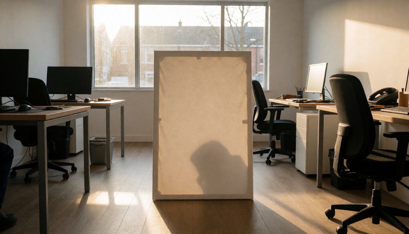 Blank white canvas in a modern art studio illuminated by warm sunset light through a window, suitable for a bark course website hero image