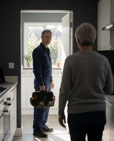 Technician in blue uniform with tool bag greeting a client in a modern kitchen with white cabinets and gray walls