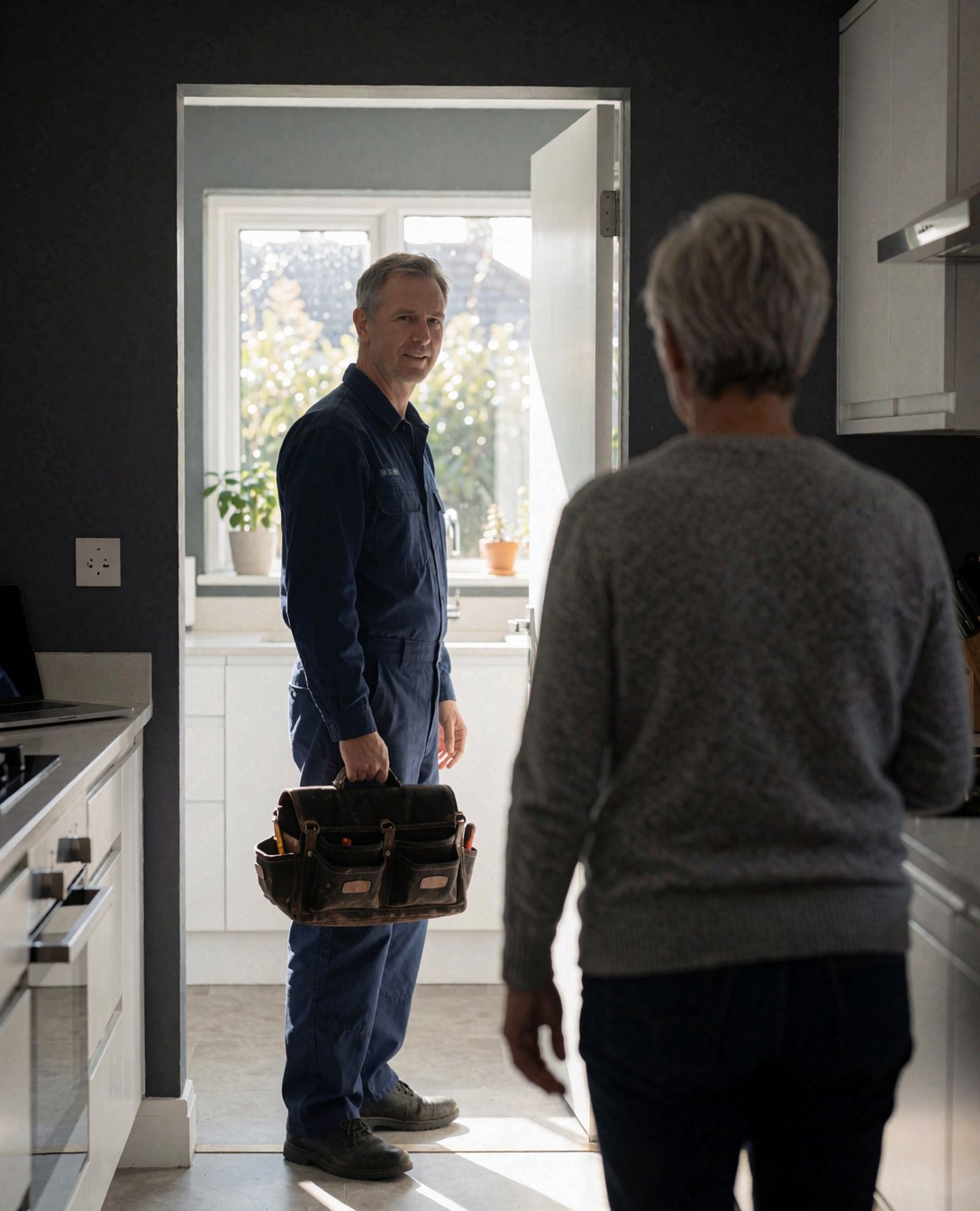 Technician in blue uniform with tool bag greeting a client in a modern kitchen with white cabinets and gray walls