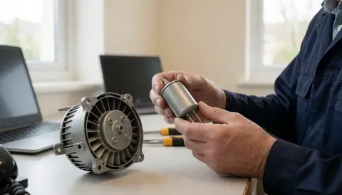 Technician holding a new capacitor next to a disassembled fan motor on a workbench with natural light, ideal for fan repair services.