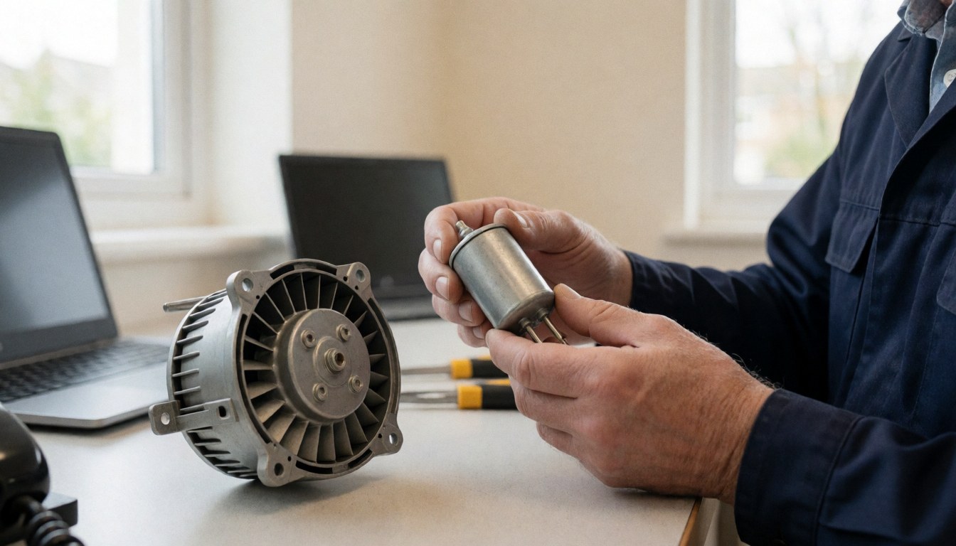 Technician holding a new capacitor next to a disassembled fan motor on a workbench with natural light, ideal for fan repair services.