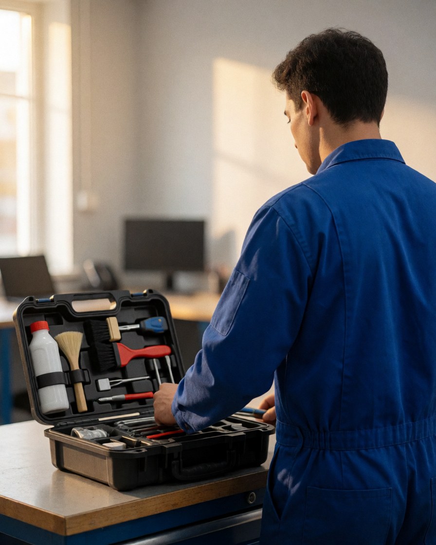 Technician choosing a tool from an open kit in a workshop with natural light and gray walls