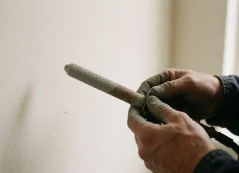 A close-up detail of a flux-coated welding electrode held in a leather glove against a warm white wall, highlighting industrial welding tools and safety gear.