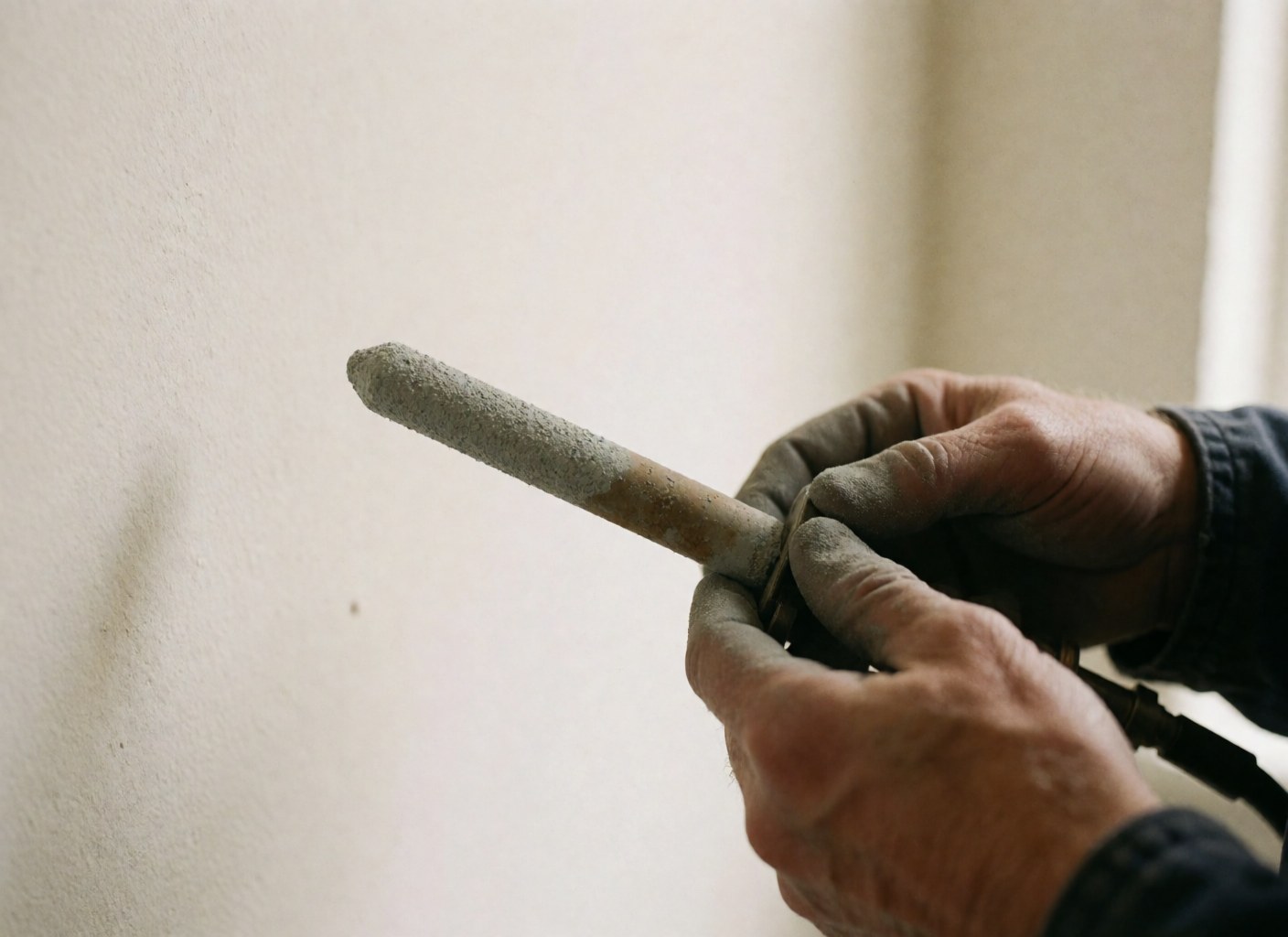 A close-up detail of a flux-coated welding electrode held in a leather glove against a warm white wall, highlighting industrial welding tools and safety gear.