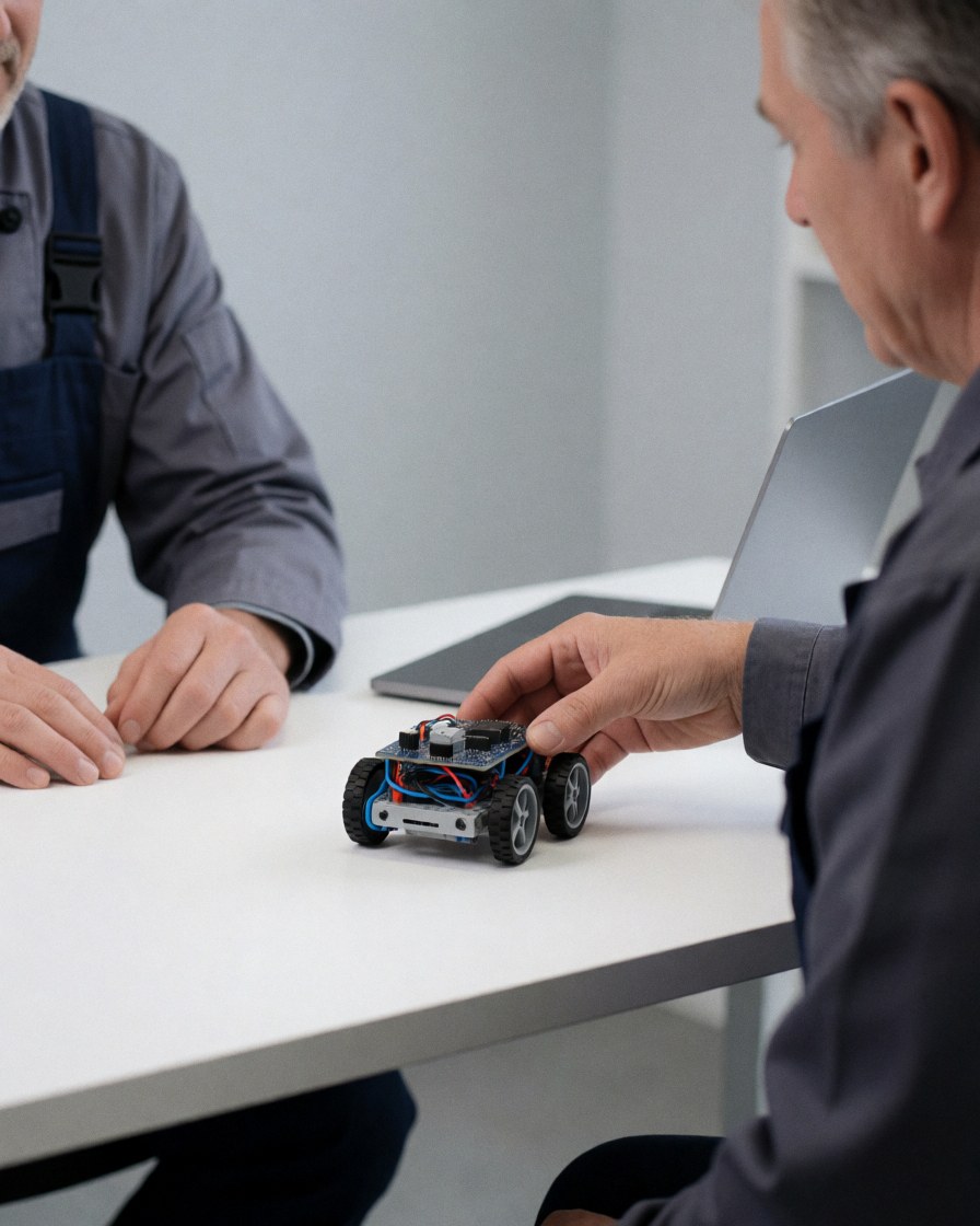 A hand guides a robot with visible circuits on a white table in a clean, professional robotics workshop setting.
