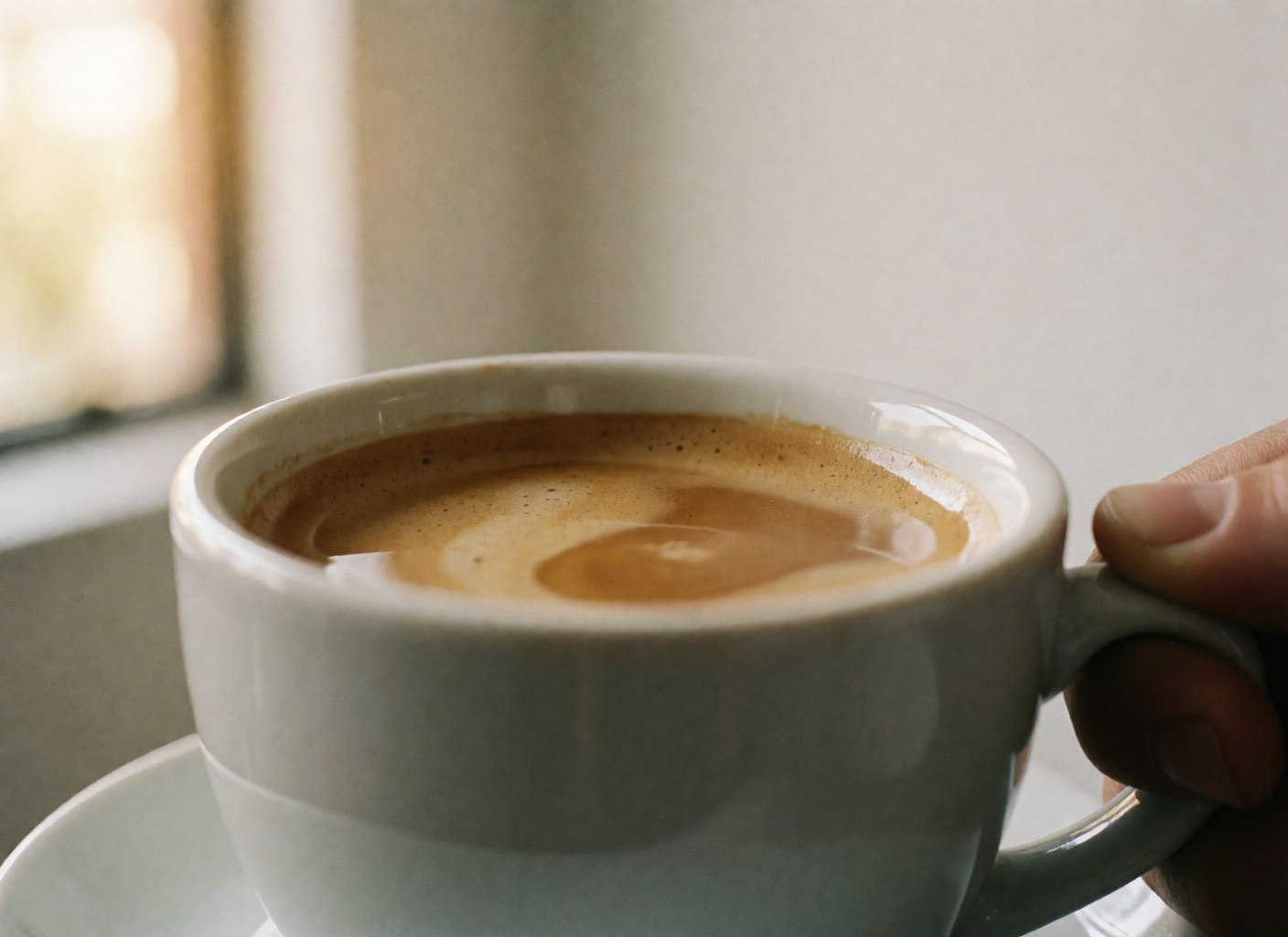 A hand holding a white ceramic cup filled with coffee and microfoam against a white wall with natural light