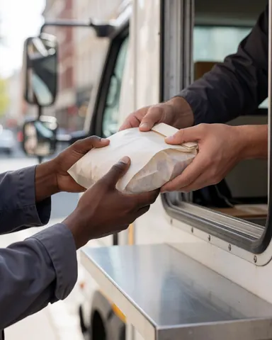 Close-up of hands exchanging a food package through the service window of a mobile food truck on a city street.