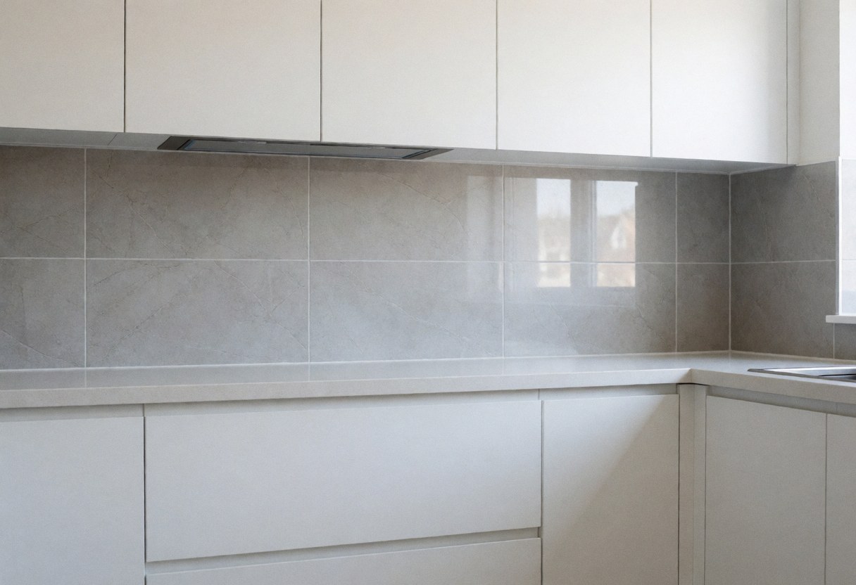 Modern kitchen featuring newly installed gray ceramic tiles, white cabinetry, and a window letting in natural light.