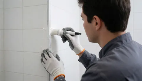 A professional installer uses a brush to apply white silicone sealant along the tile joints in a clean, white bathroom, ensuring a precise and neat finish.
