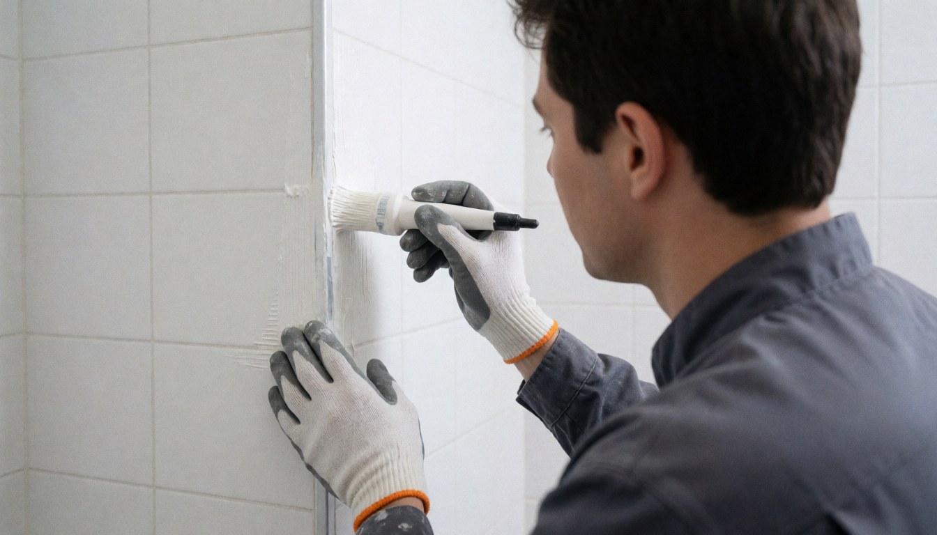 A professional installer uses a brush to apply white silicone sealant along the tile joints in a clean, white bathroom, ensuring a precise and neat finish.