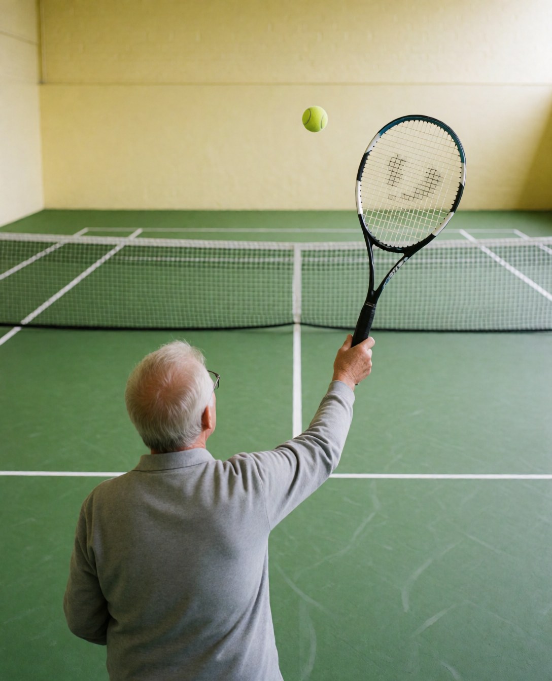 Senior man serving tennis ball on indoor court with green surface and yellow walls