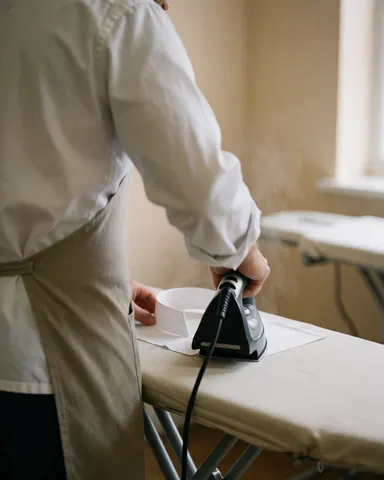 A technician irons a white shirt collar on a board in a workshop with beige walls and natural light
